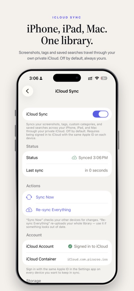 Pizazoo on iPhone showing the iCloud Sync settings screen