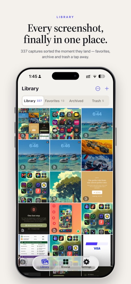 Pizazoo on iPhone showing the Library grid of screenshots